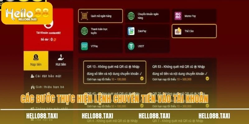 Các bước thực hiện lệnh chuyển tiền vào tài khoản